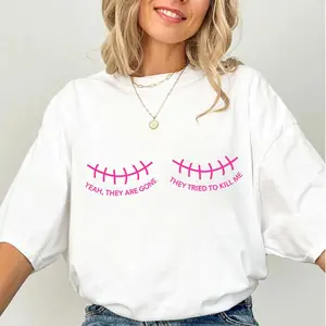 Breast Cancer Warrior Shirt, Funny Cancer Survivor Gift, Mastectomy Tee, Yeah They Are Gone They Tried To K*Ll Me Top, Regular Fit Short Sleeve Tee, Crewneck Top