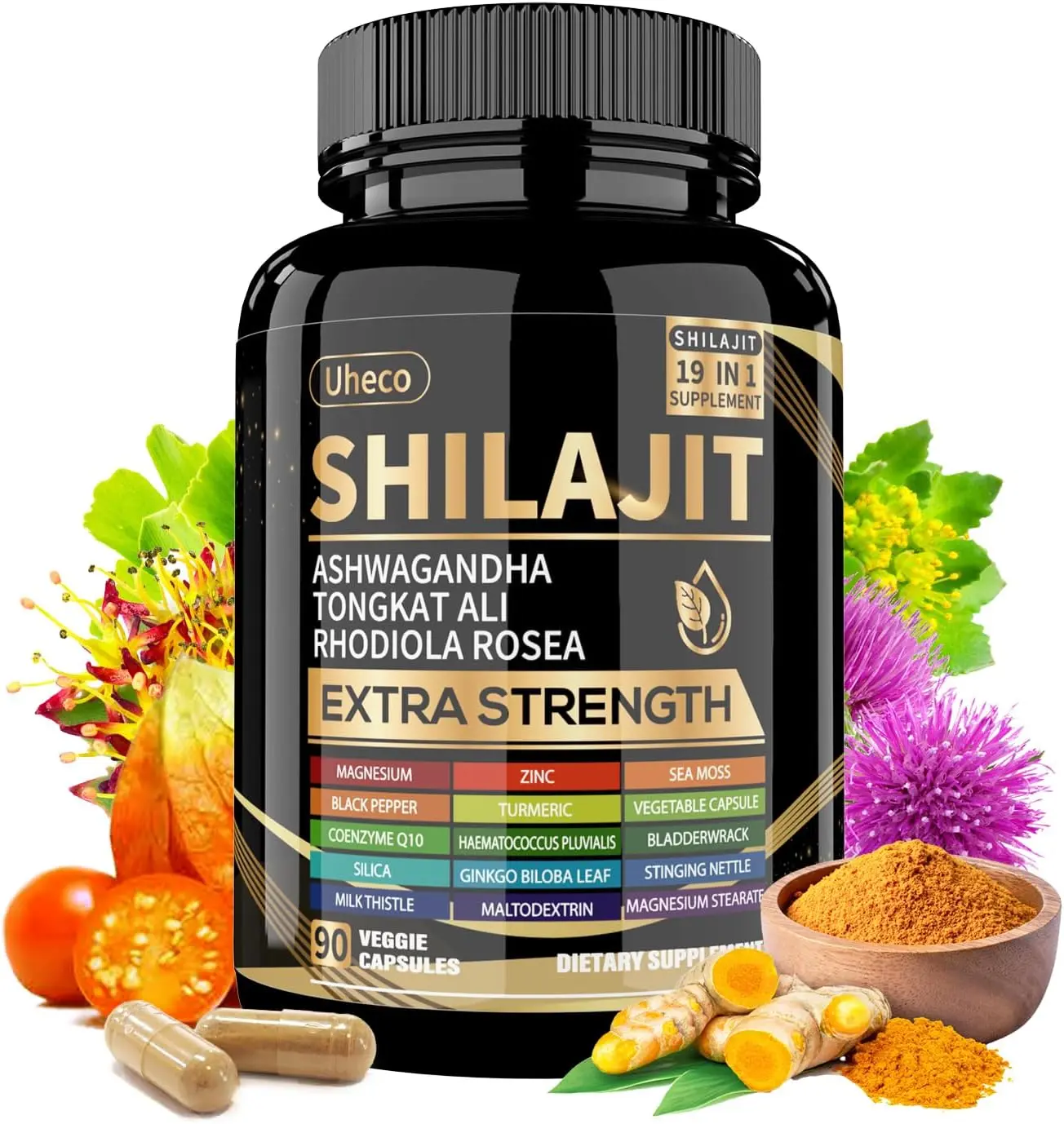 Shilajit Himalayan Capsules with Sea Moss, Ashwagandha & Tongkat Ali - 90 Count Organic Fulvic Acid Supplement - Pure Multi-Ingredient Complex for Energy, Vitality and Daily Wellness Support