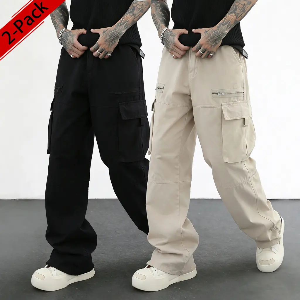 Pack of 2, unisex Y2K street-style cargo pants featuring large side pockets and multiple pockets; wide straight-leg casual long pants with metal zipper accents; hip-hop loose work pants—perfect for everyday and casual wear.