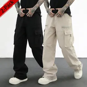 Pack of 2, unisex Y2K street-style cargo pants featuring large side pockets and multiple pockets; wide straight-leg casual long pants with metal zipper accents; hip-hop loose work pants—perfect for everyday and casual wear.
