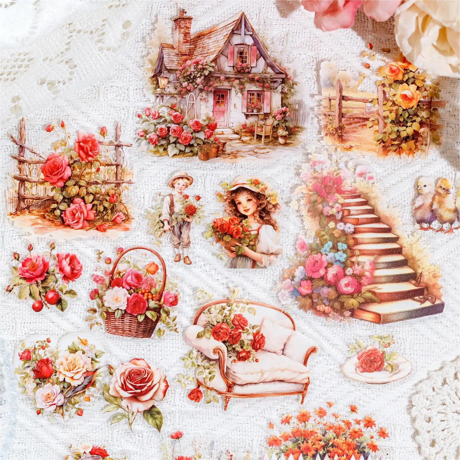 Vintage Flower House Pattern Sticker, 30pcs/pack Scrapbooking & Journal Making Material Paper, DIY Decorative Sticker for Stationery Computer Water Bo