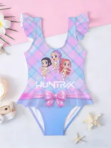 Girls' Plaid Idol Cartoon One-Piece Swimsuit, Sweet Girl Print Beach Swimwear, Ruffle Bow Baby Swimming Suit, Best Birthday Gift, Swimsuit Style