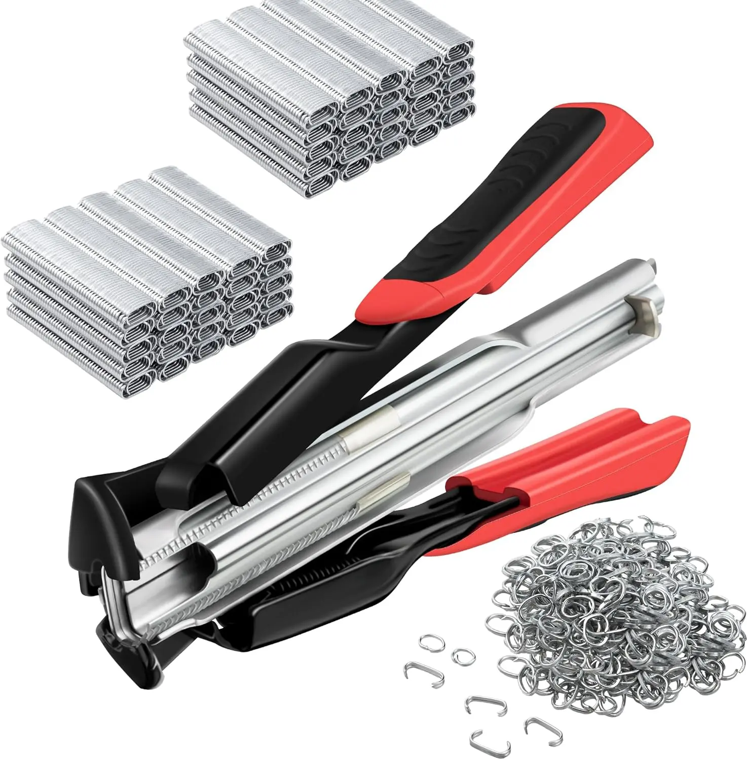 2500 Pcs C Clips Hog Ring Pliers Kit, 3/4'' Hog Ring Nail, Fencing Plier Staple Gun Cage Clamp for Animal Pet Cages Fencing, Upholstery, Car Cushions, Meat and Sausage Casings