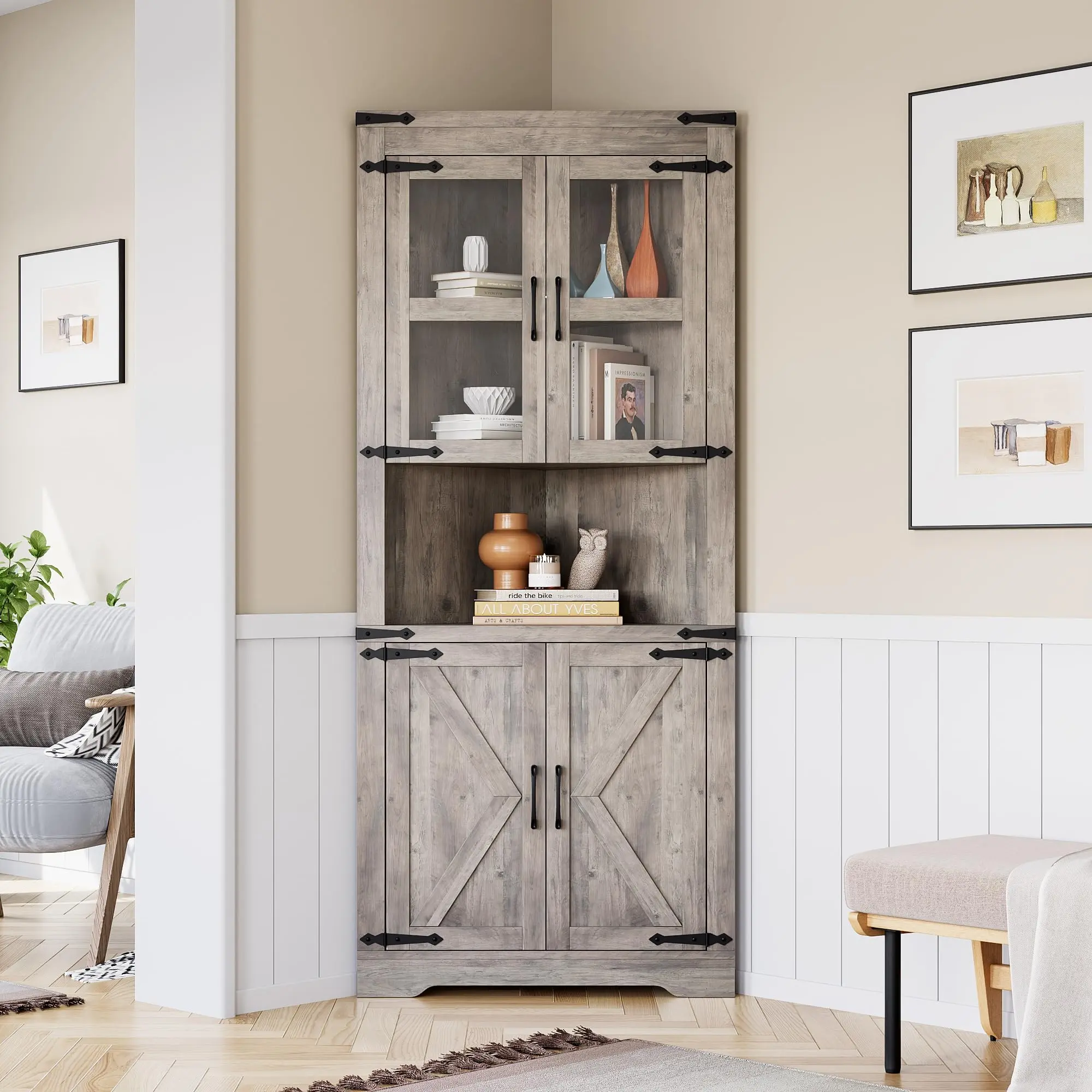 GARVEE Farmhouse Corner Cabinet, Tall Corner Storage Cabinet with Barn Door & Adjustable Shelves, Bathroom Cabinet with Storage for Living Room, Kitchen, Bathroom, Washed Grey