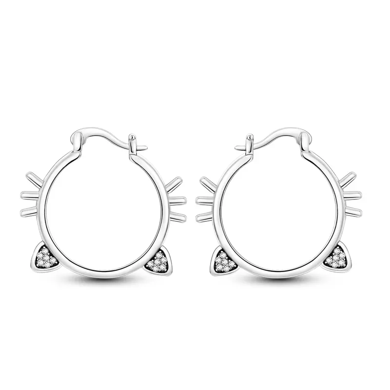 Cat Huggie Hoop Earrings 925 Sterling Silver, Sparkling CZ Cute Cat Ear Design, For Earring Stacks Adult Daily Birthday Party Jewelry Gift