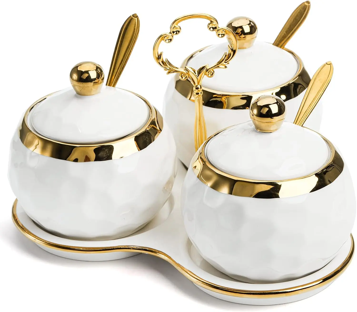 Set of 3 Ceramic Condiment Jars Pots with Tray and Spoons Porcelain Sugar Salt Bowls Set Utensils Kitchen