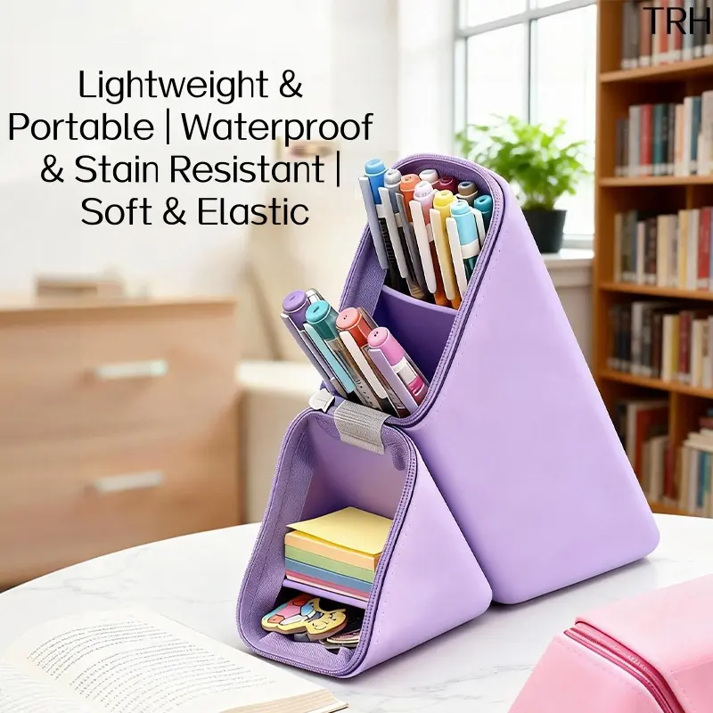 2 In 1 Silicone Pencil Case Stand Up Triangle Pen Pouch, Waterproof Zipper Stationery Storage Bag, Multifunctional Desk Makeup Brush Holder, Aesthetic Back To School Student Supply, Portable Soft Silicone Cosmetic & Writing Organizer