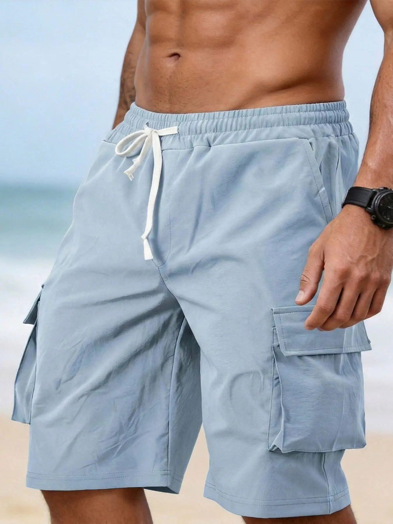 New men's loose-fit solid color cargo shorts with drawstring closure and functional pockets, suitable for the beach and daily wear, essential casual Drawstring Sports Shorts, Drawstring Waist Shorts