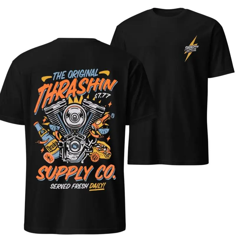 Thrashin Supply The Original Fiesta Graphic 2 Side T-Shirt, Gift for Bikers, Motorcycle Lovers, Streetwear Fans, Comfortable Fit, Unisex Cotton Full Color