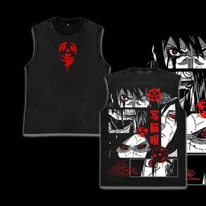 Retro Vintage Limited Uchiha Ichizoku - Naruto Anime Double Printed Oversized Acid Washed Lightweight Cotton Gym Tank Top, Gift for Anime & Gym Fans