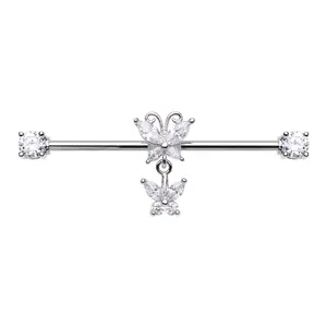 CZ Crystal Dangling Butterfly Industrial Barbell - Stainless Steel