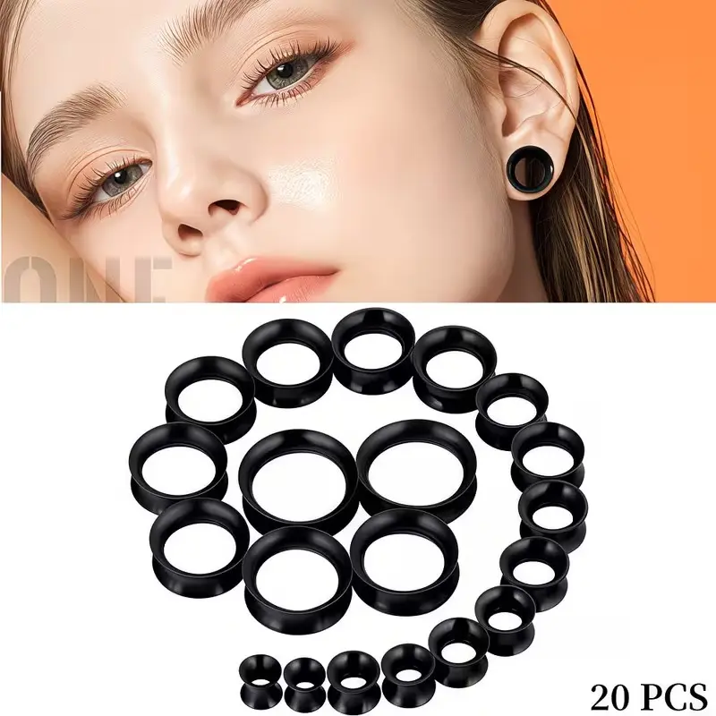 20Pcs Soft Silicone Ear Tunnel Gauges Kit, 2g to 1 Inch Flesh Skin Plugs Ear Expander Stretchers, Hypoallergenic Body Piercing Jewelry for Ear Lobe Stretching