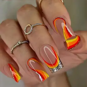 Coffin Nail Shape Gradient Flame Design, Glossy Finish Medium Length, Silver Glitter Edge, Party Streetwear Summer Date