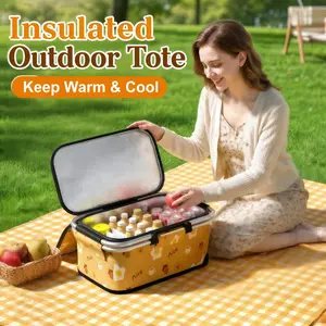 Large Capacity Insulated Picnic Basket with Lid, Lightweight Foldable Oxford Fabric, Outdoor Camping, Home Portable Storage, Summer Use