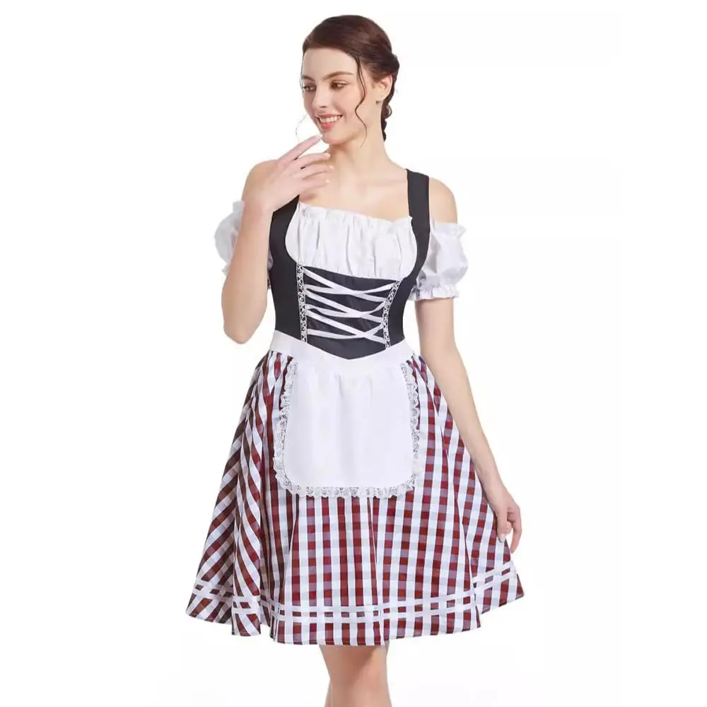 Women's Oktoberfest Dirndl Dress Bavarian Beer Maid Costume Off Shoulder Plaid Skirt Mock 3-Piece Halloween Cosplay Party Dress for Festival Theme Events-DTY