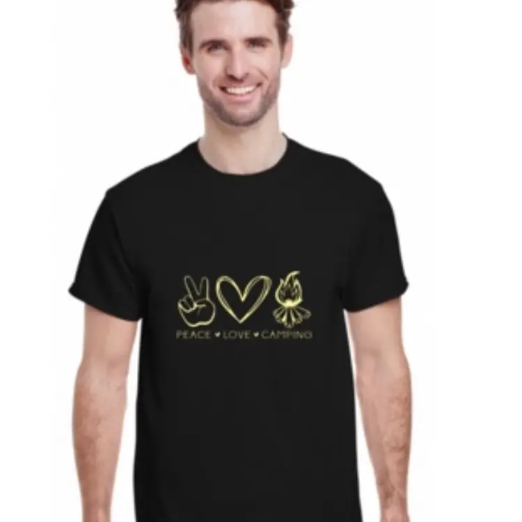 Camping T-Shirt - Black 100% Cotton T-Shirt with Yellow Decal Featuring Peace, Love, and Camping Design for adults and kids - Crewneck.