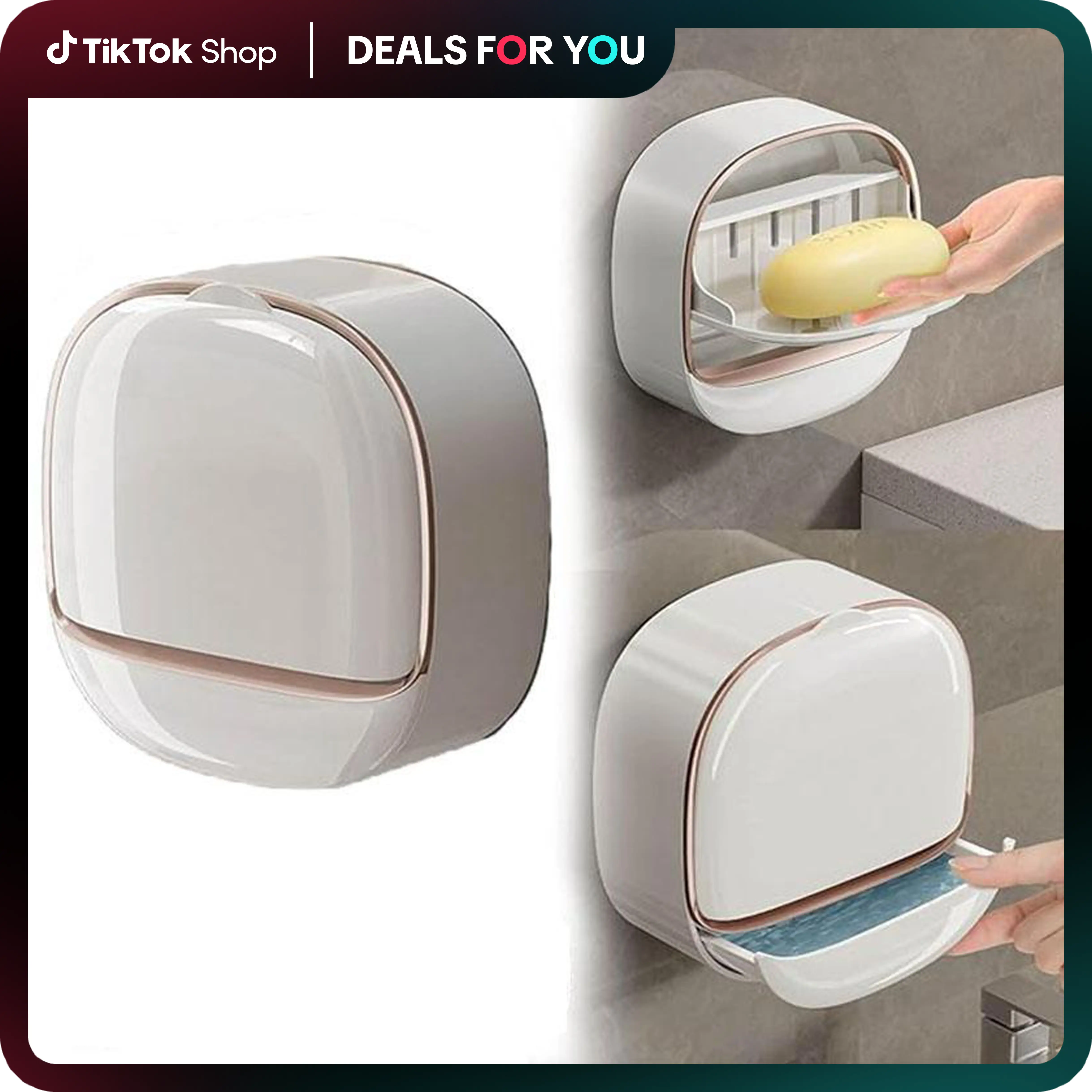 Soap Dish with Drainage Box, Wall Mounted Soap Holder for Shower, Keep Soap Bars Dry, Waterproof Soap Box with Flip Lid for Shower, Punch Free Soap Ba