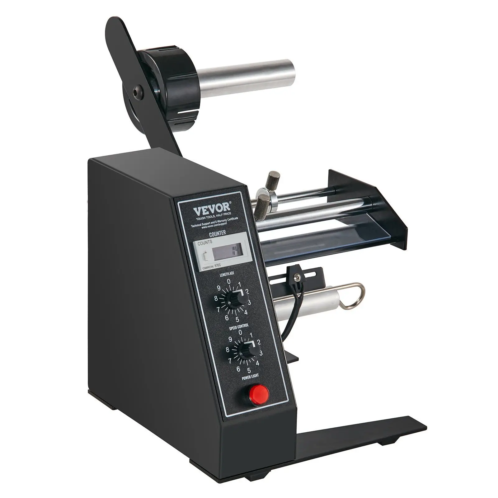 VEVOR Aluminum Alloy Automatic Label Dispenser for E-Commerce, 0.6"-4.9" Width/0.1"-5.9" Length Barcode Labels, 6-Digit LCD Screen, Speed Adjustable, 0-999999 Auto Counting, 24V Stripper for Bottled & Canned Products