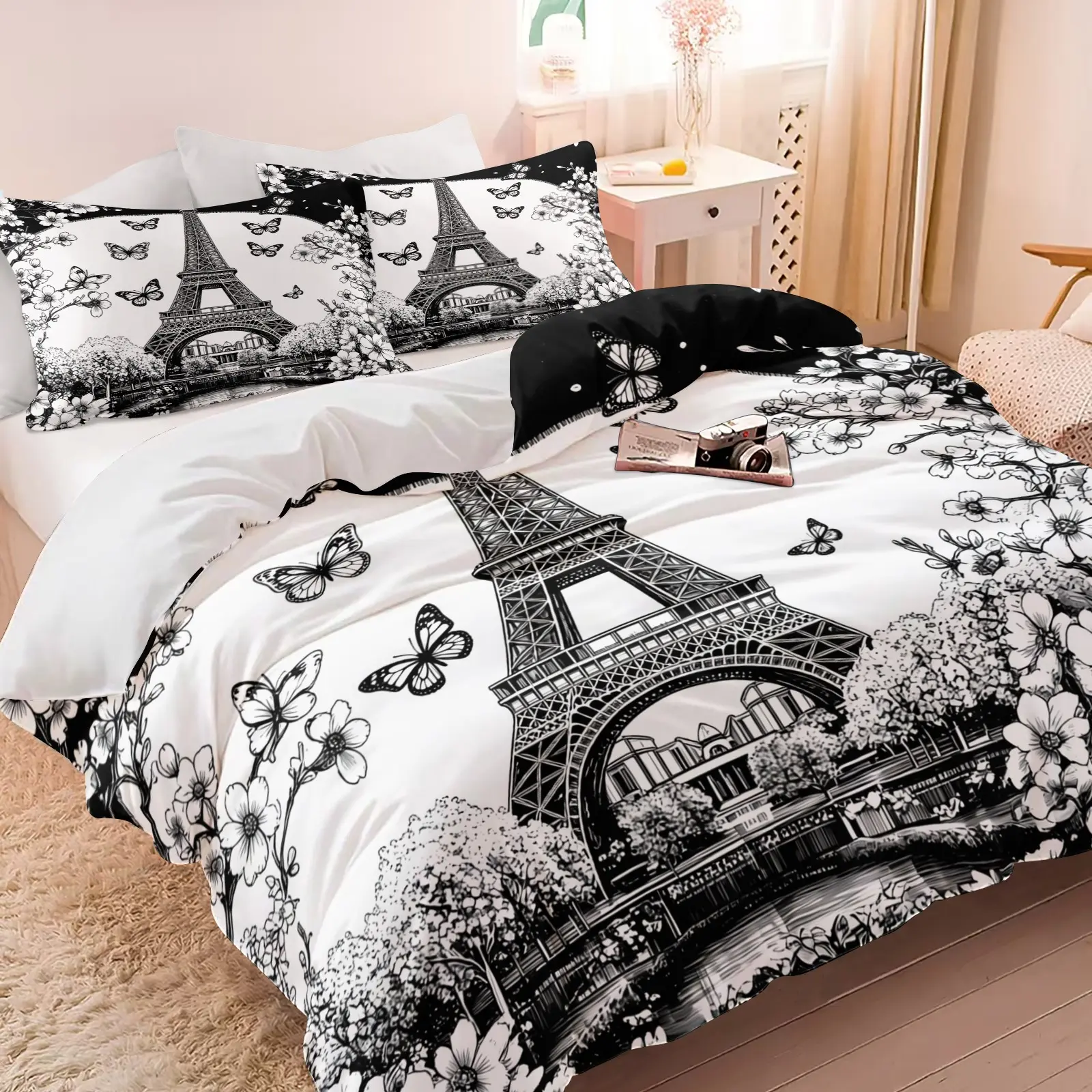 Paris Eiffel Tower Duvet Cover Set, 1 Duvet Cover with 1/2 Pillowcases, Black & White Floral Butterfly Bedding for Bedroom, Dorm & Guest Room, Decor for Adults