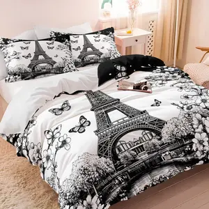 Paris Eiffel Tower Duvet Cover Set, 1 Duvet Cover with 1/2 Pillowcases, Black & White Floral Butterfly Bedding for Bedroom, Dorm & Guest Room, Decor for Adults