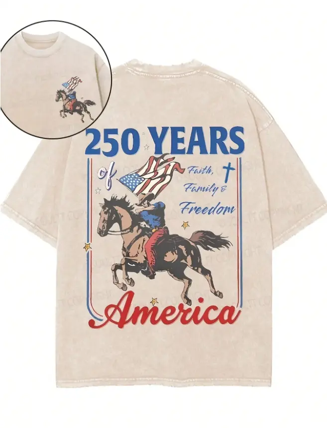 Vintage Washed "250 Years Of America American Flag" Double-Sided Graphic Tee | 230gsm Heavyweight Patriotic Streetwear, Unisex Crew Neck Fit, 100% Breathable Cotton Casual Top for Men & Women