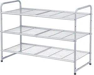 3-Tier Stackable Shoe Rack, Expandable & Adjustable Shoe Shelf Storage Organizer, Wire Grid, Silver
