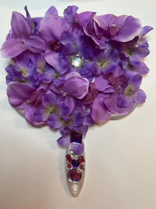 Custom made Mirror#110 Purple and Lilac Floral Design with Decorative Handle for Home Decor that can be used for everyday use or as a table center piece in a bedroom or home. Clear Reflection Versatile Use Sleek Design Enhances Any Room Classy and Elegant
