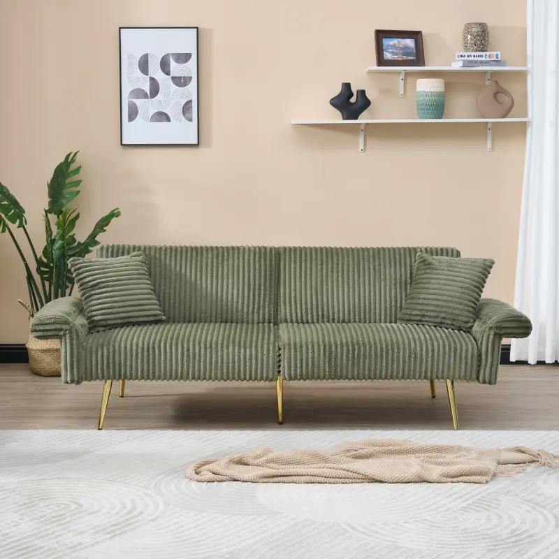 79 inch corduroy sofa bed, foldable double sofa bed with folding armrests, suitable for living rooms and small spaces    RR
