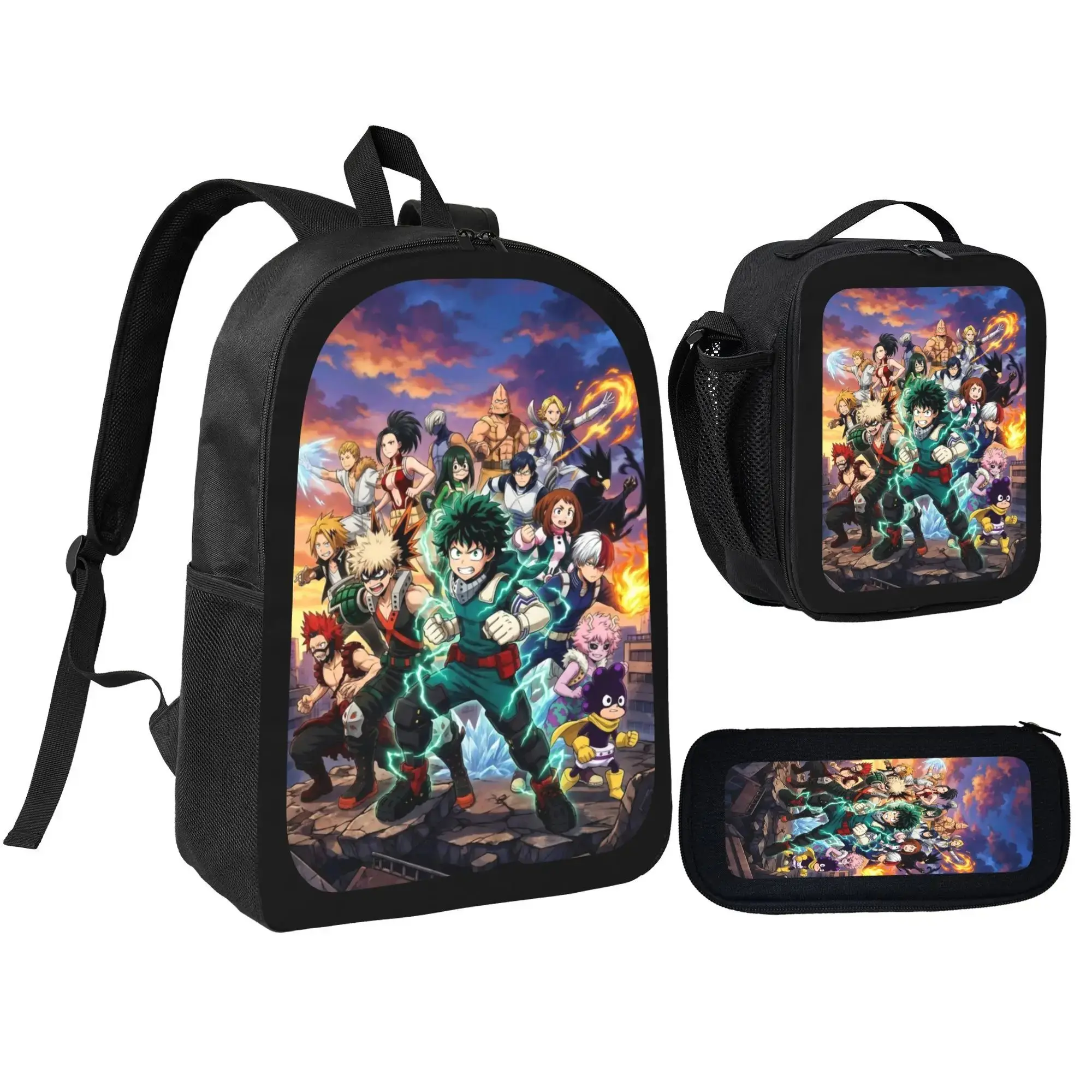 My Hero Academia Male 3-Piece Backpack Set with Character Art - MHA School Bookbag, Matching Lunch Bag & Pencil Case, School Needs for Boys Teens (Sports & Outdoor Gym Bag Accessory)