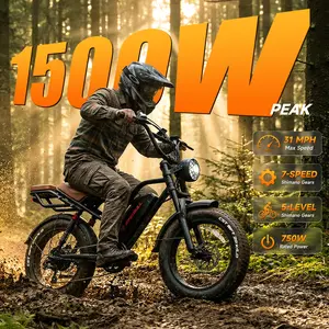 KINGBULL electric bicycle, peak power 1500W, full suspension, top speed 31 mph, maximum range 80 miles, 48V 18Ah removable battery, hydraulic disc brakes, ultra-soft saddle, LED front light, 20-inch all-terrain fat tires, UL2849 certified.