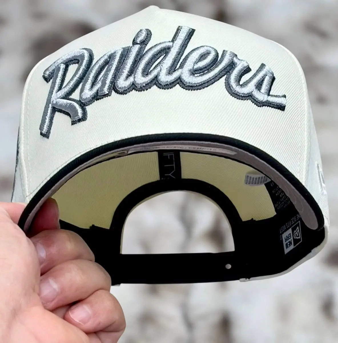 Las Vegas Raiders New Era 9FORTY A-Frame Adjustable Hat, Large Raised Raiders Script Logo, Black Curved Bill Cap, 60th Anniversary Side Patch, NFL Football, Premium Embroidery, Unisex