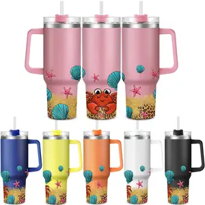 40oz Tumbler with Lid, 1 Count Stainless Steel Water Bottle, Cute Crab Shell Starfish Pattern Water Bottle, Drinking Cup for Home Office School, Drinkware