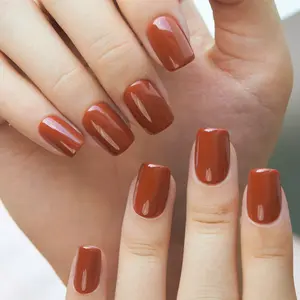 CurvLife Cocoa Brick Press-On Nails – 30PCS Square Glossy Brownish-Red Nails, Warm Autumn Caramel Tone, Classic Solid Color, Reusable, Non-Toxic & Easy to Apply, Perfect for Fall Outfits, Office or Everyday Elegance