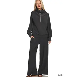 Zenana Ribbed High Neck Half Zip Pullover & Pants Set