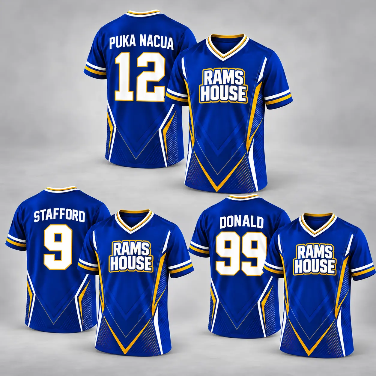 Puka Nacua #12, Matthew Stafford #9 & Aaron Donald #99 Premium V-Neck Jersey, Rams House Fans, Blue & Gold Fans, Football Fans Apparel, Unisex Game Day Jersey, Gift For Football Lovers