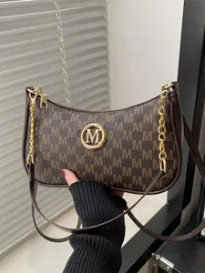 2026 New Fashion Classic PU Waterproof M Letter Print Shoulder Bag, Metal Chain Decoration, Suitable for Shopping, Students, Office Women