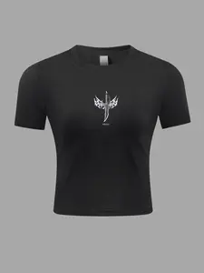 Women’s Wing Print Baby Tee | Round Neck Crop T-Shirt | Casual Short Sleeve Top for Daily Wear