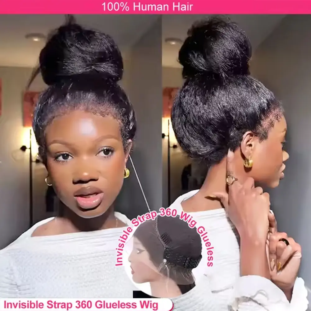 Kinky Straight 360 Glueless HD Lace Front Wig Human Hair Easy To Go Kinky Straight Half Wig With Drawstring 13X6 Transparent Lace Frontal Wig Brazilian Remy Human Hair Natural Hairline