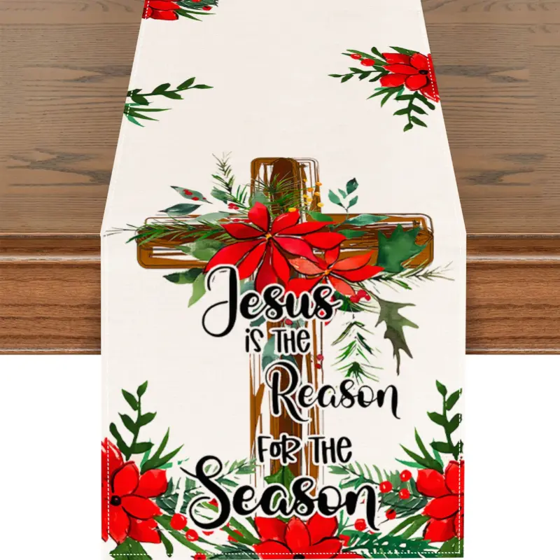 1pc Christmas Cross Poinsettia Table Runner 13x48 Inch/13x72 Inch/13x108 Inch Long Winter Christmas Table Runner Farmhouse Indoor Xmas Home Decor