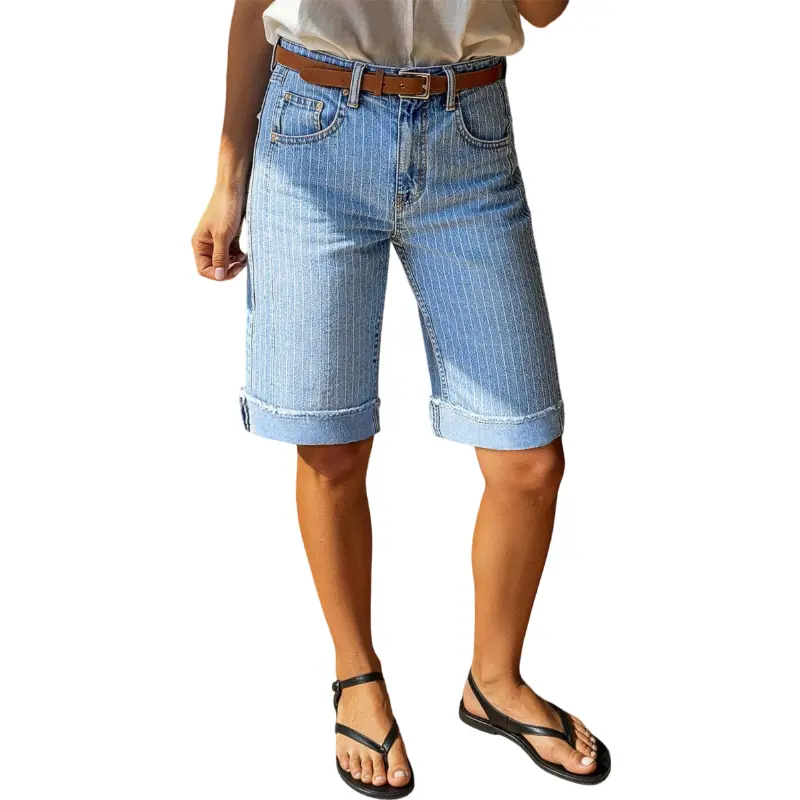 Flamingals Pinstriped Raw Seam High Waist Denim Bermuda Shorts Without Belt Stretchy 11.6'' Inseam