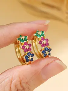 Elegant Multicolor Synthetic Zircon Flower Cluster Hug Earrings, Unique Small Hoop Jewelry, Girl's Summer Aesthetic Accessories
