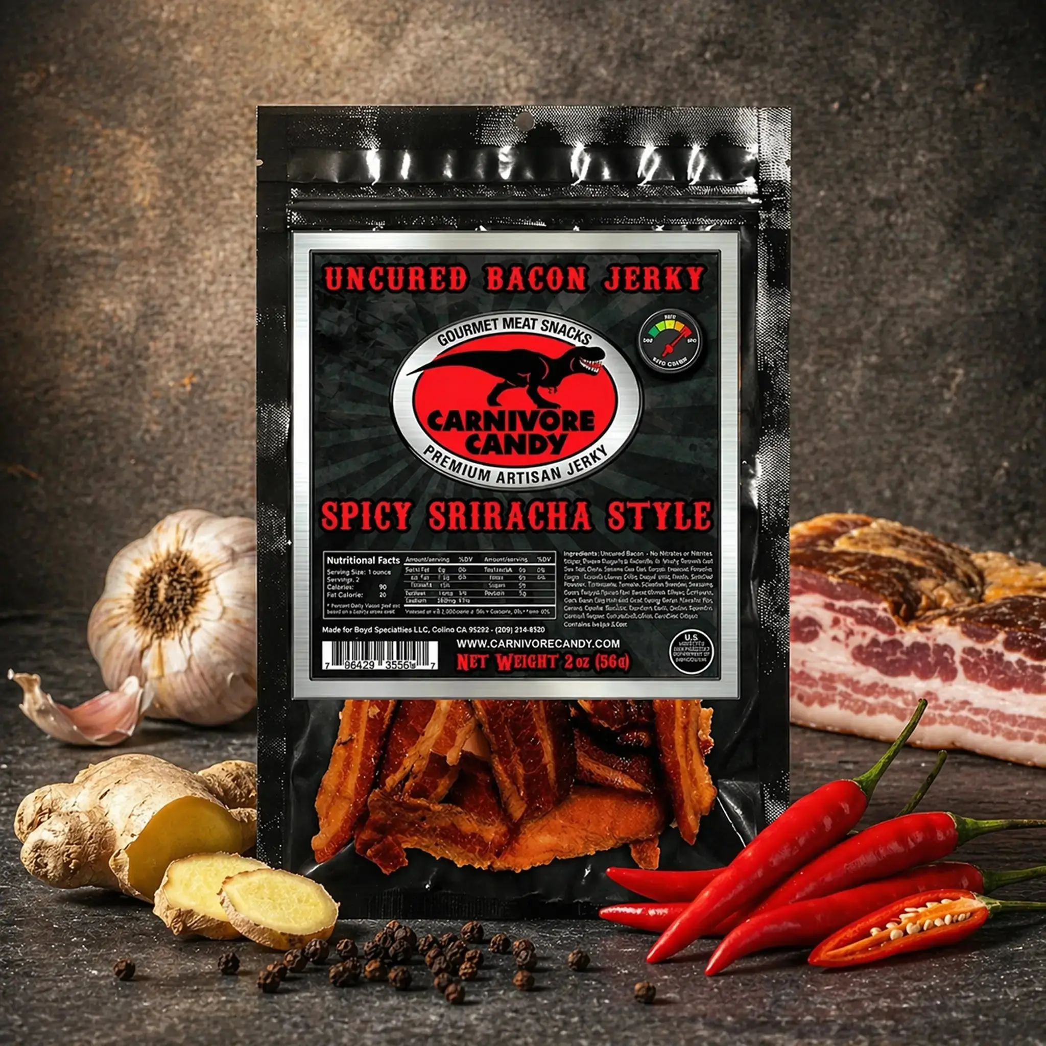 Spicy Sriracha Bacon Jerky - Authentic Spicy Bacon Flavor with Sizzling Heat, Ideal for Snacking and Flavoring Lifestyle