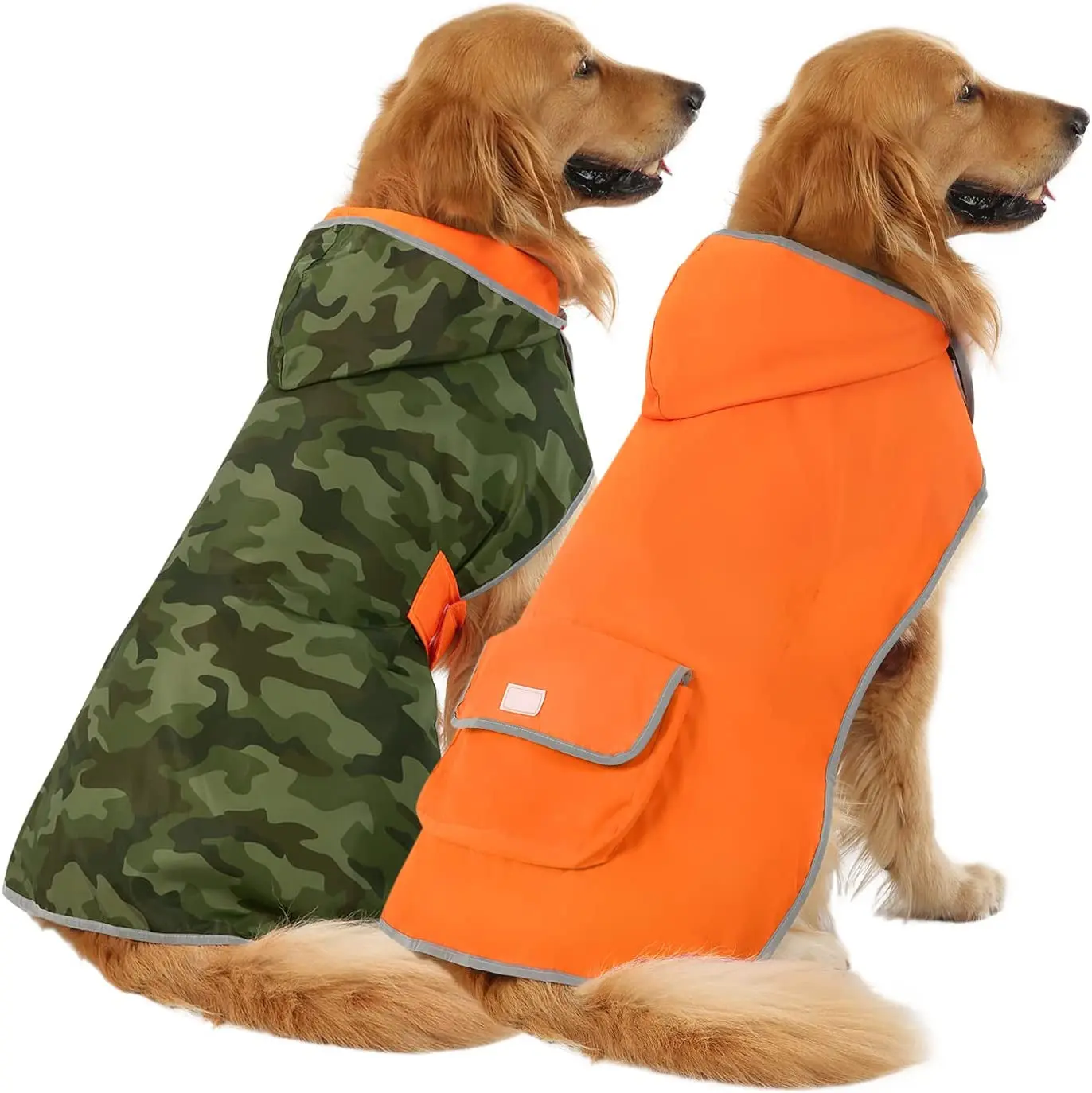 Reversible Nylon Fabric Dog Raincoat - Hooded Slicker Poncho for Small, Medium, Large Dogs, Camo Orange, Running-Ready, Size L, Floral Accent, Waterproof