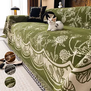 Thick High Weight Jacquard Sofa Cover with Lotus Pattern, Fringe Trim, All-Season Use, Pet-Friendly, Fits Various Sofas