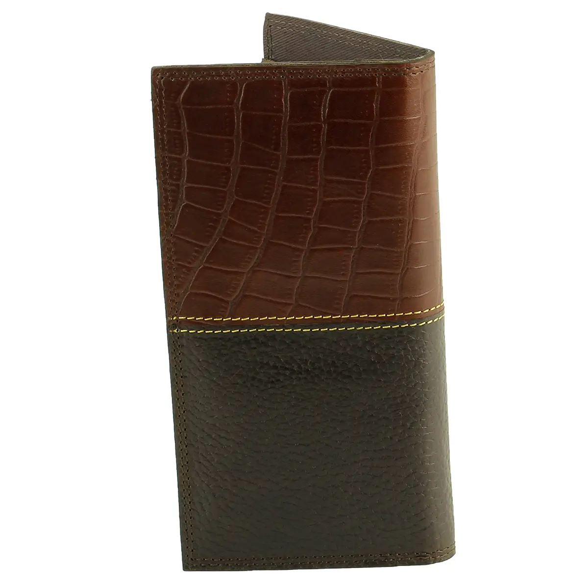 360 stand Men's 7 in. Stylish Genuine American Bison Leather Tall Rodeo Wallet 1726BR - Brown Faux Croc Print, Pebbled Grain, Flat Pockets, ID Window, Stitched, Stylish Wallet, Bifold Wallet