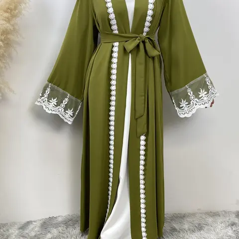 Women's Contrast Lace Belted, Elegant Long Sleeve Open Front New Abaya Trend Lace Modesty Abaya for Party Holiday Vacation, Abayas for Eid, Ladies Islamic Clothing for All Seasons, Islamic Abaya Dress