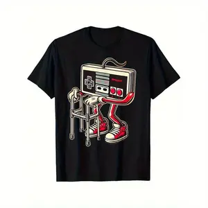 100% Cotton Men'S And Boys Retro Gaming Pattern T-Shirt - Fun Old Video Game Console Design, Black Casual T-Shirt With Red Sneakers And Cable Detail, Short Sleeves, Crew Neck, Machine Washable Golf Gift T-Shirt For Men And Women