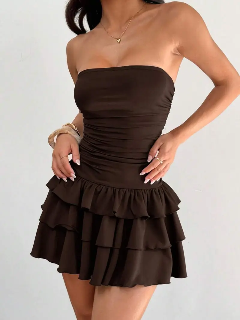 chinese dress ladies Romantic U Neck Ruffles Sleeve A-Line Side Split Bridesmaids Dress Lot main image 0
