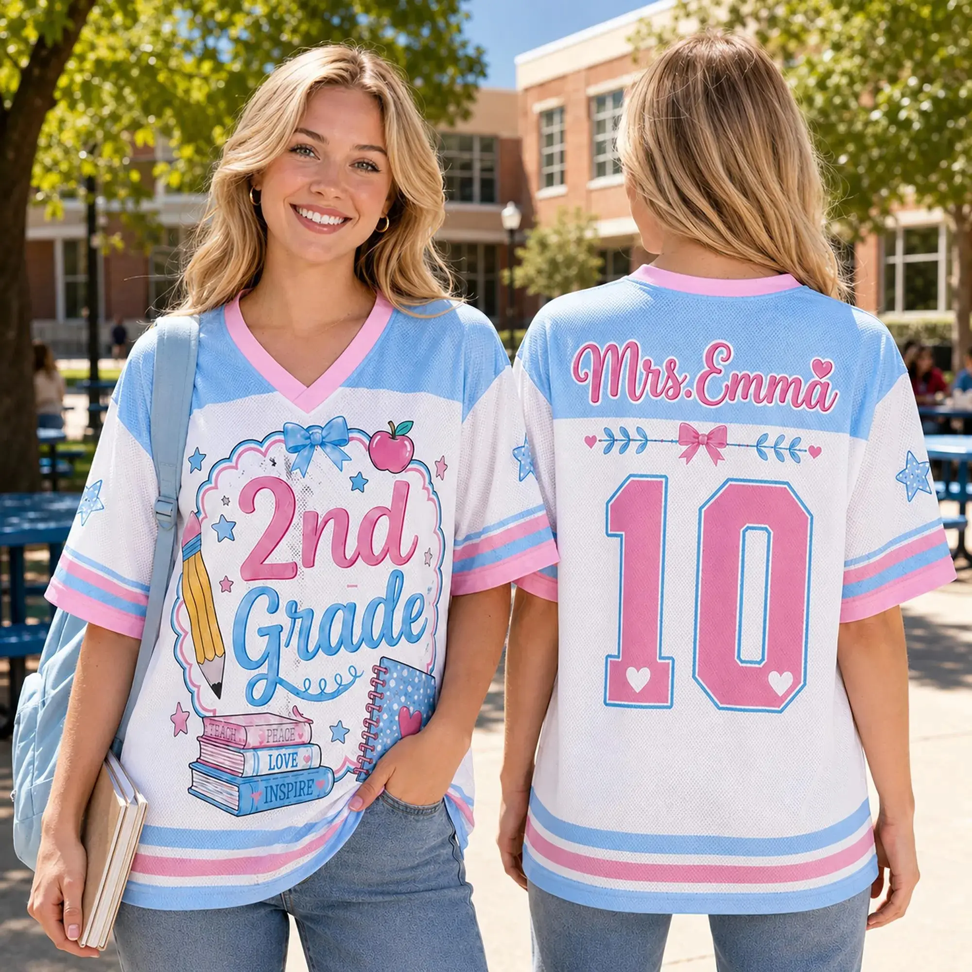 Personalized Teacher Football Shirt, Custom Grade Level Shirt, Personalized Teacher Name & Number, Pink & Blue School Jersey, Back to School Teacher Gift