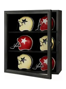6 Mini Football Helmet Display Case, Wood Mini Helmet Display Case, Helmet Stand Display Cabinet Wall Mount with Lockable Real Glass Door, Black